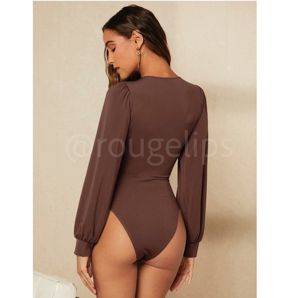 Brown Elegant V neck Bodysuit Long Bishop Sleeves Stretchy Ruched Waist - Picture 4 of 8